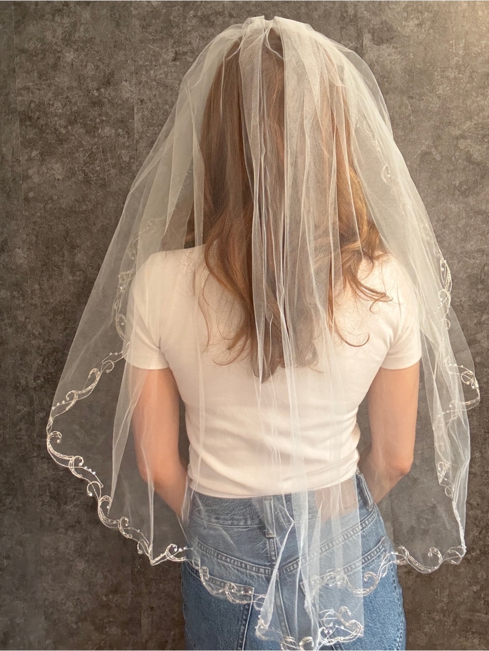 Vintage 1990s Elbow Length Veil — Beaded Scroll Embroidery